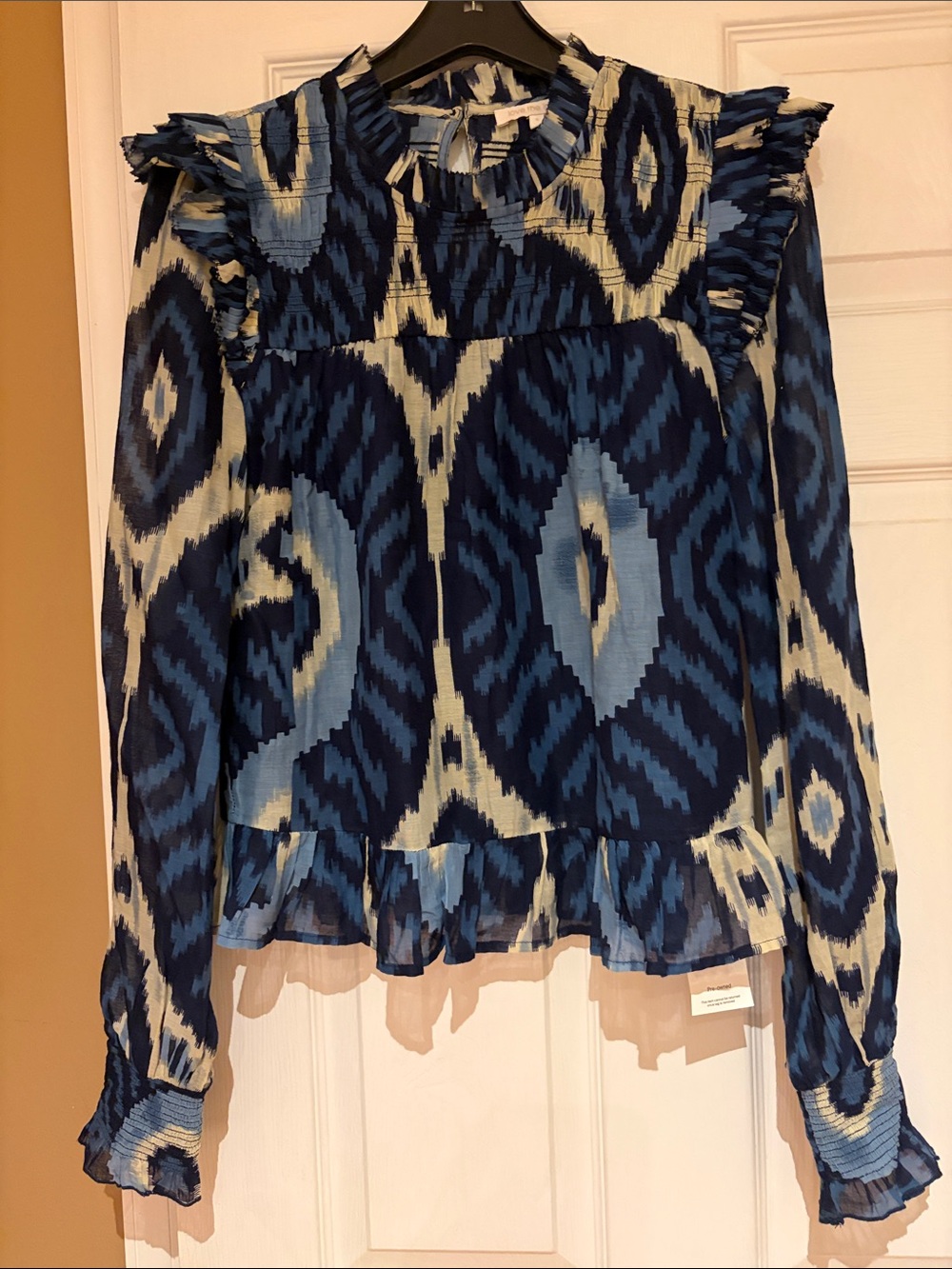 Blue Ikat Ruffle Long-Sleeve Blouse